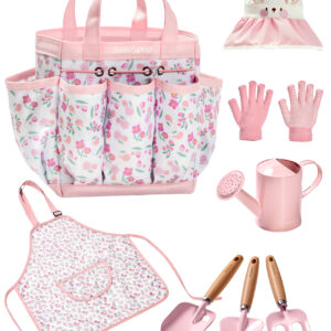 seedypop kids gardening tool set toys 8 pieces quality garden kit for toddlers & kids with shovels, rake, watering can, hat, apron, gloves & storage bag（pink）