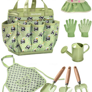 kids gardening tools set 8pc artisan garden kit with real wood handles, metal heads, frog hat, panda apron & tote nature learning gift for toddlers & kids (sage green)